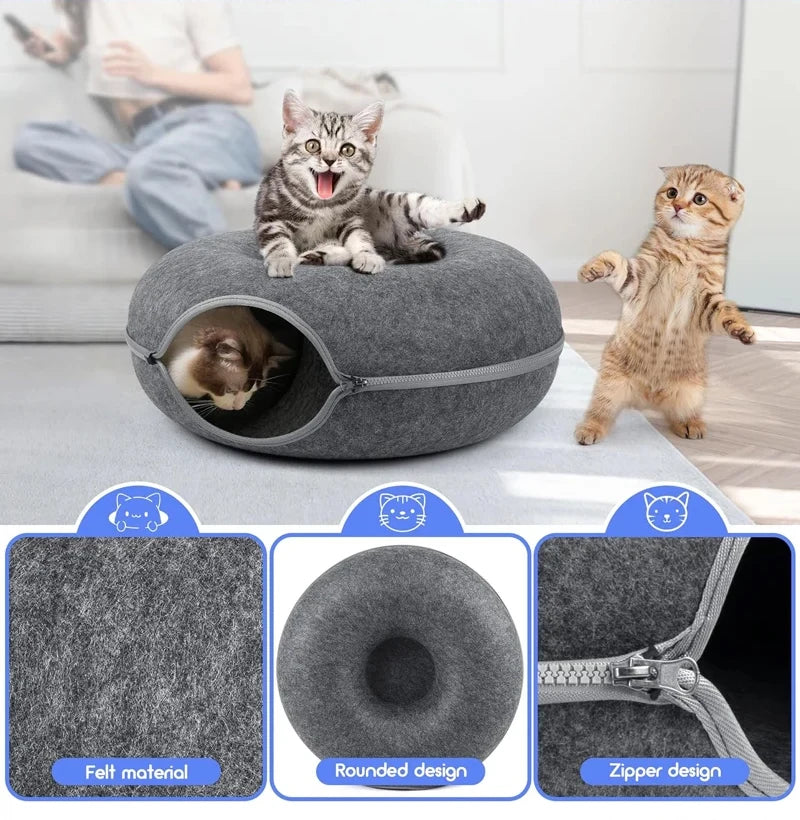 Donut Cat Tunnel Bed | Interactive Felt Play House & Cozy Cat Cave