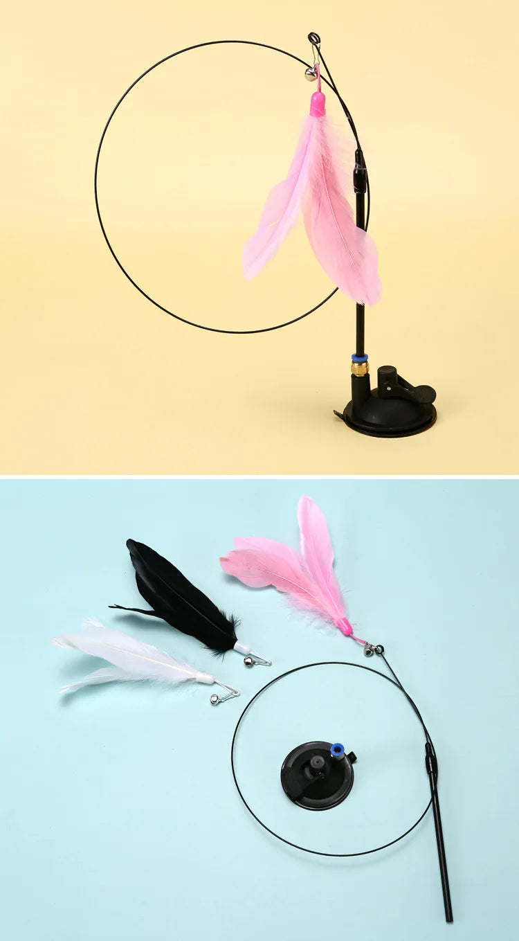 Interactive Cat Feather Wand Toy | Hands-Free Suction Cup Teaser with Bell