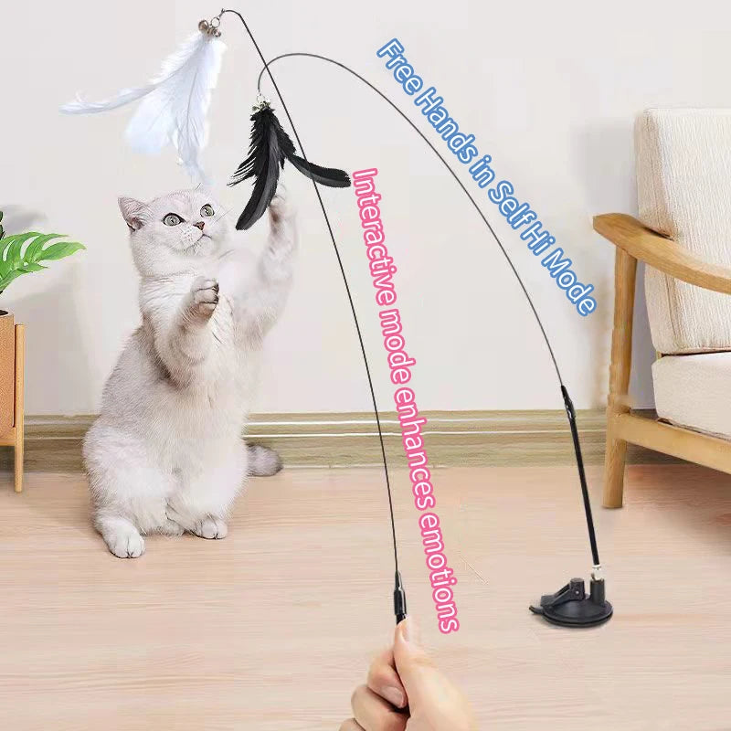 Interactive Cat Feather Wand Toy | Hands-Free Suction Cup Teaser with Bell