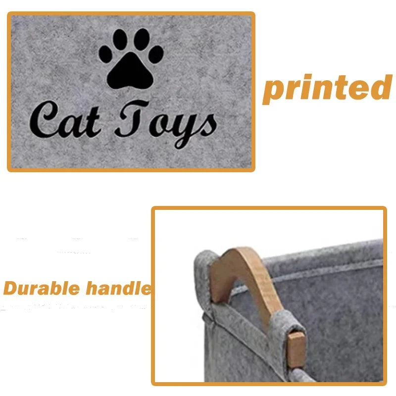 Felt Cat Toy Storage Basket | Large Capacity Organizer with Handle