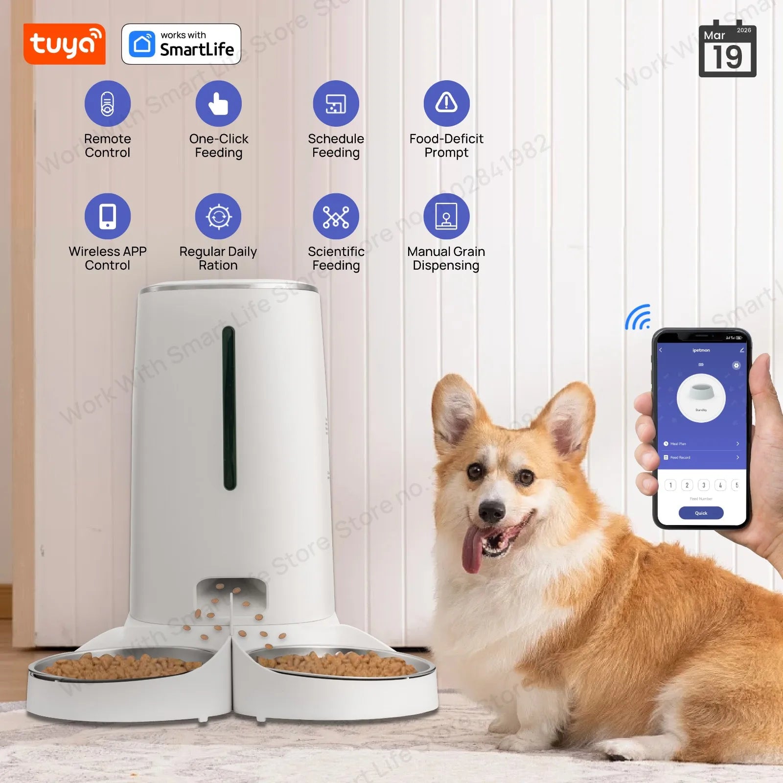 WiFi Automatic Cat Feeders for 2 Cats, 4L Cat Food Dispenser with APP Control, Double Stainless Steel Bowls, Low Food Alarms