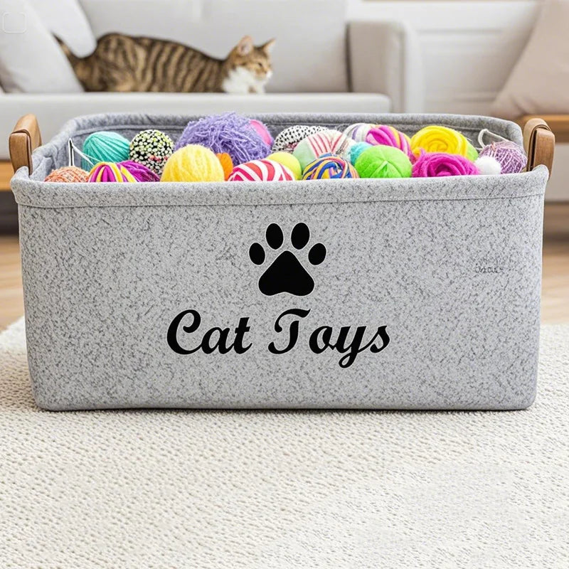 Felt Cat Toy Storage Basket | Large Capacity Organizer with Handle
