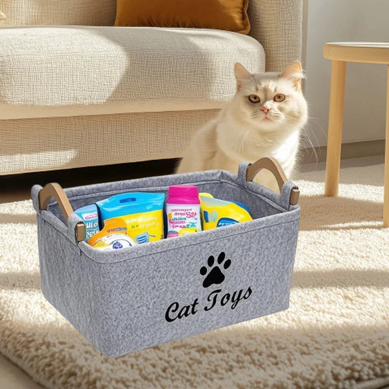 Felt Cat Toy Storage Basket | Large Capacity Organizer with Handle