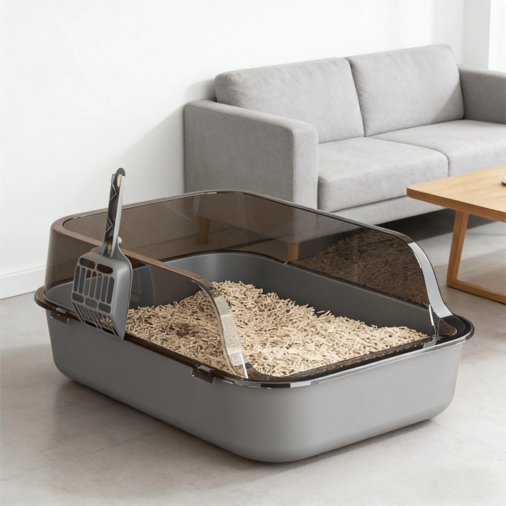 Semi-Enclosed Cat Litter Box | High-Side Splash Guard with Litter Scoop
