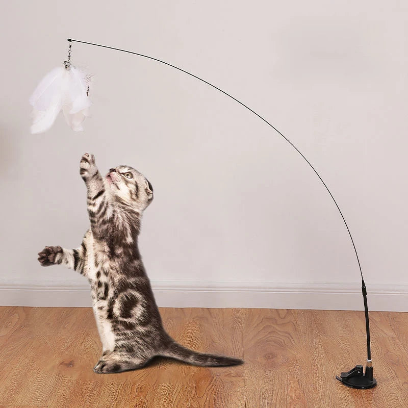 Interactive Cat Feather Wand Toy | Hands-Free Suction Cup Teaser with Bell