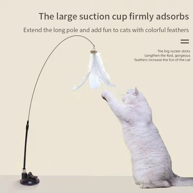 Interactive Cat Feather Wand Toy | Hands-Free Suction Cup Teaser with Bell