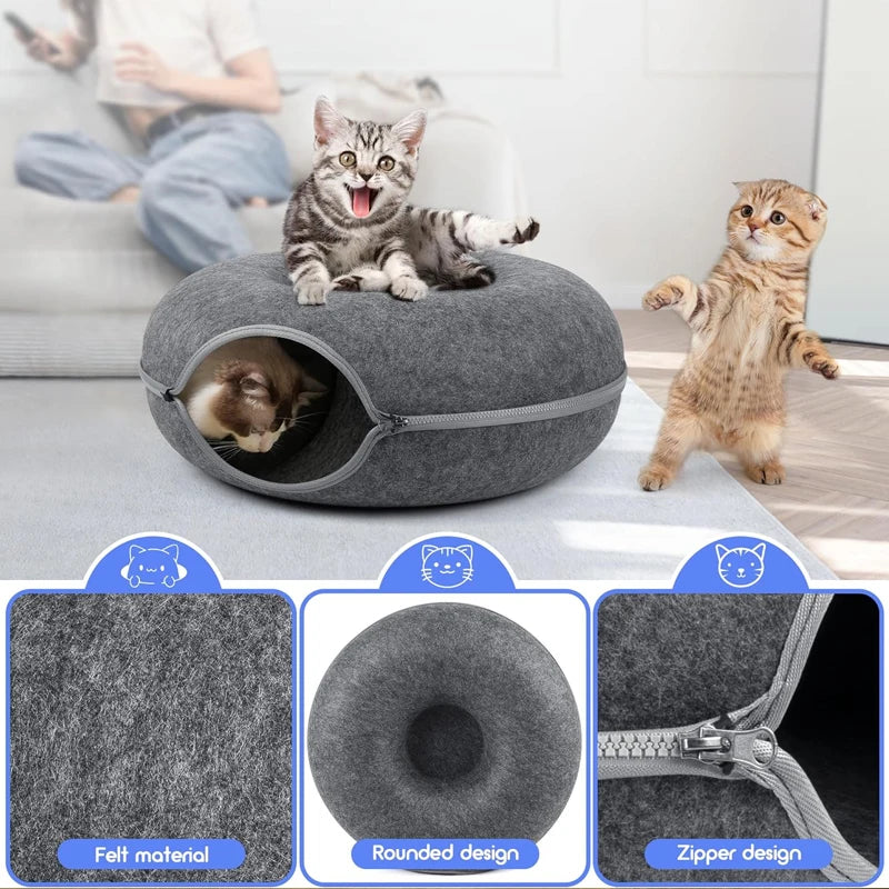 Donut Cat Tunnel Bed | Interactive Felt Play House & Cozy Cat Cave
