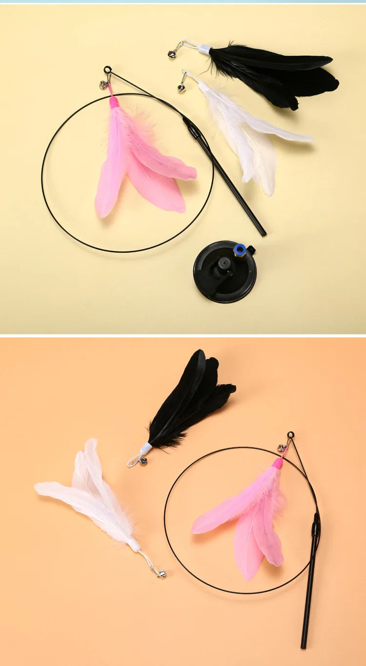 Interactive Cat Feather Wand Toy | Hands-Free Suction Cup Teaser with Bell