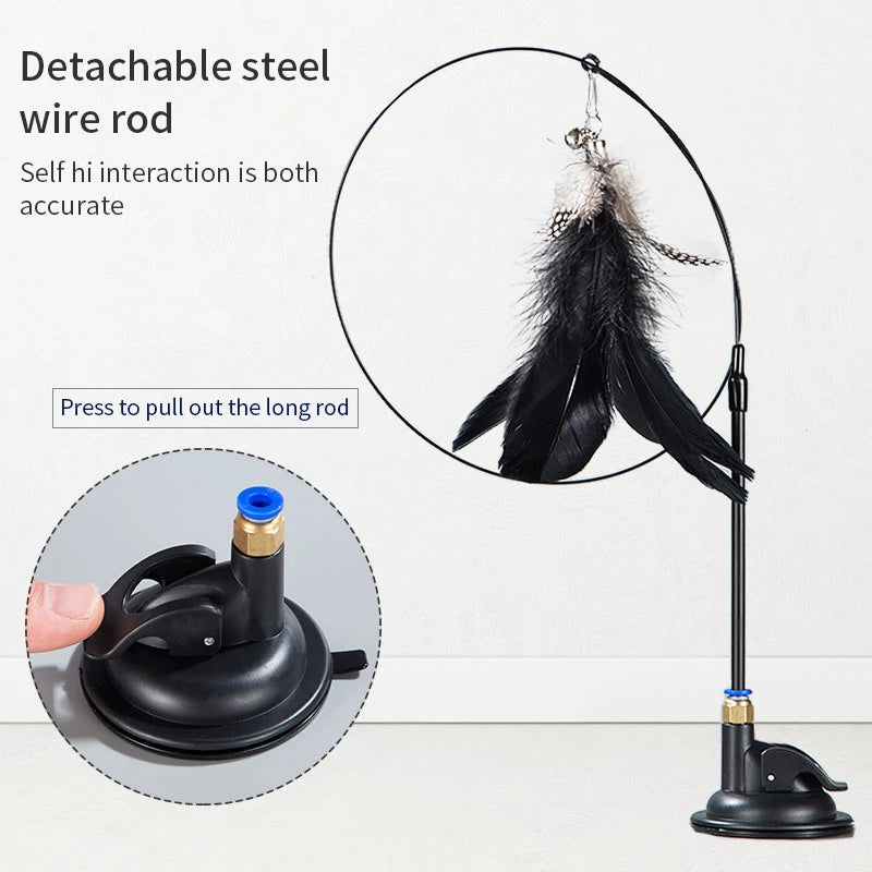 Interactive Cat Feather Wand Toy | Hands-Free Suction Cup Teaser with Bell