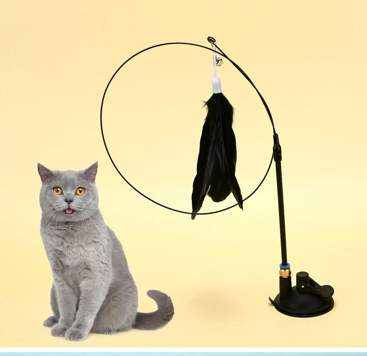 Interactive Cat Feather Wand Toy | Hands-Free Suction Cup Teaser with Bell