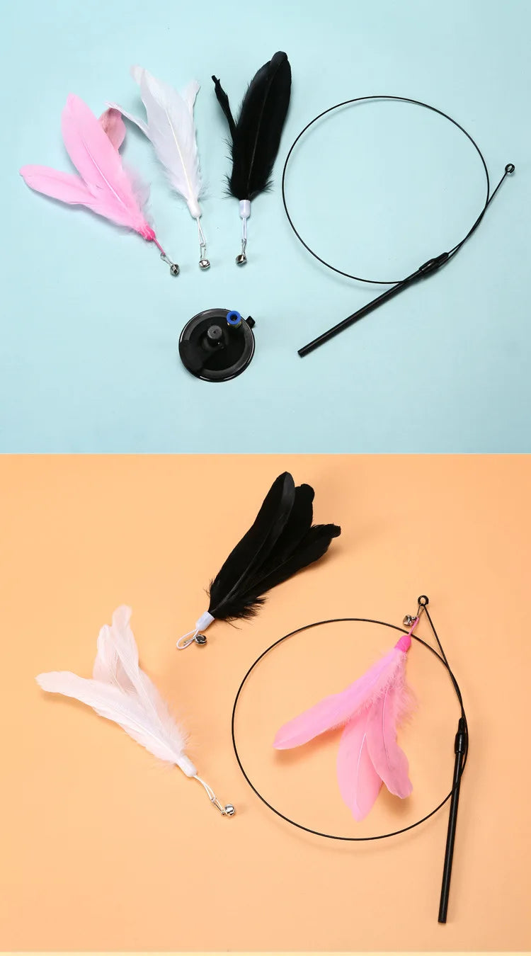 Interactive Cat Feather Wand Toy | Hands-Free Suction Cup Teaser with Bell