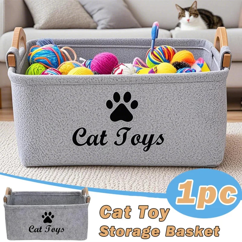 Felt Cat Toy Storage Basket | Large Capacity Organizer with Handle