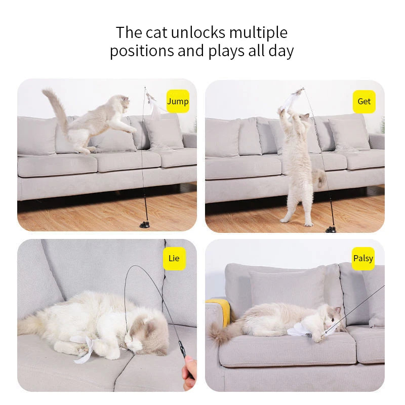 Interactive Cat Feather Wand Toy | Hands-Free Suction Cup Teaser with Bell